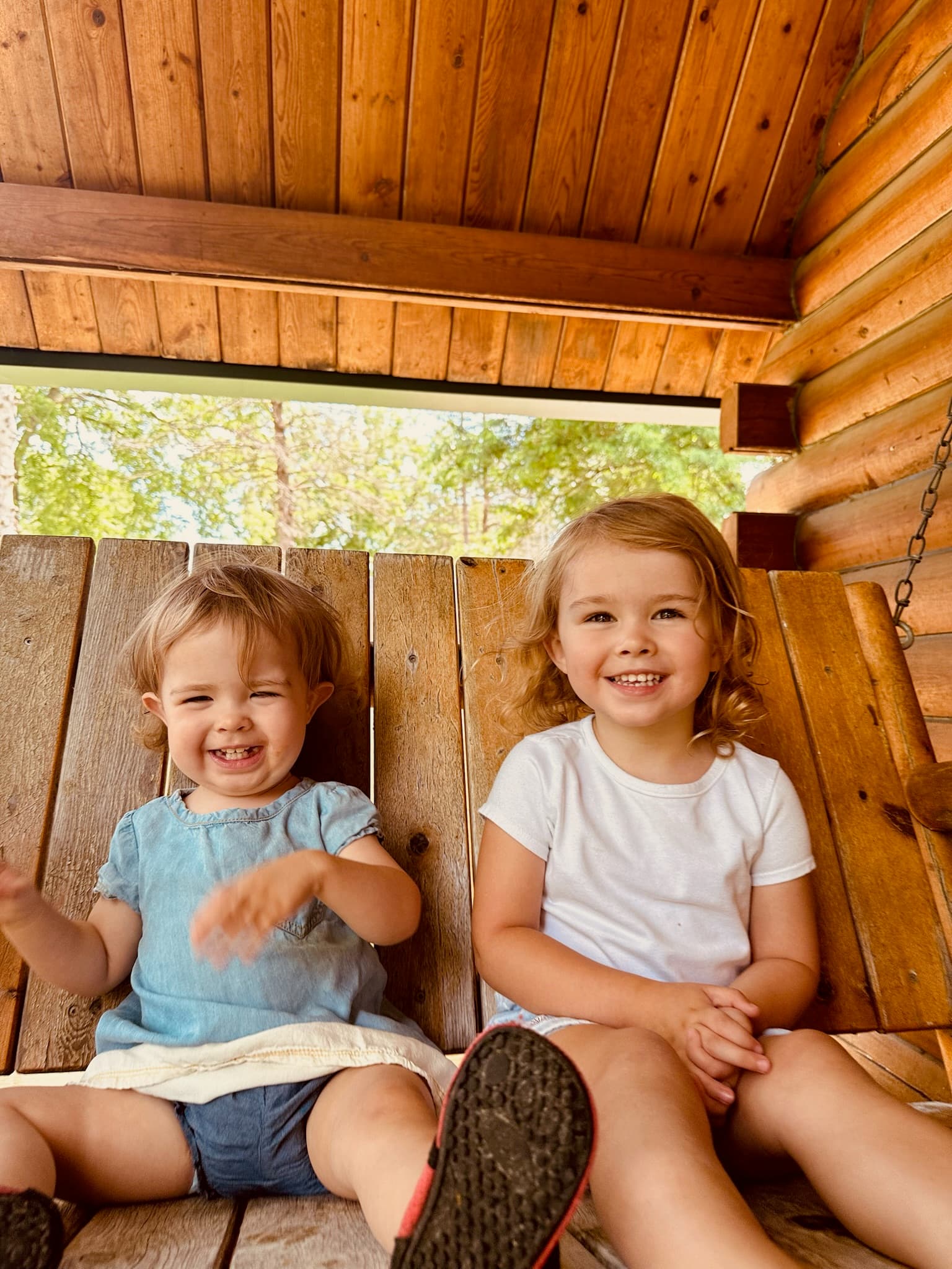 Happy kids laughing on the cabin porch